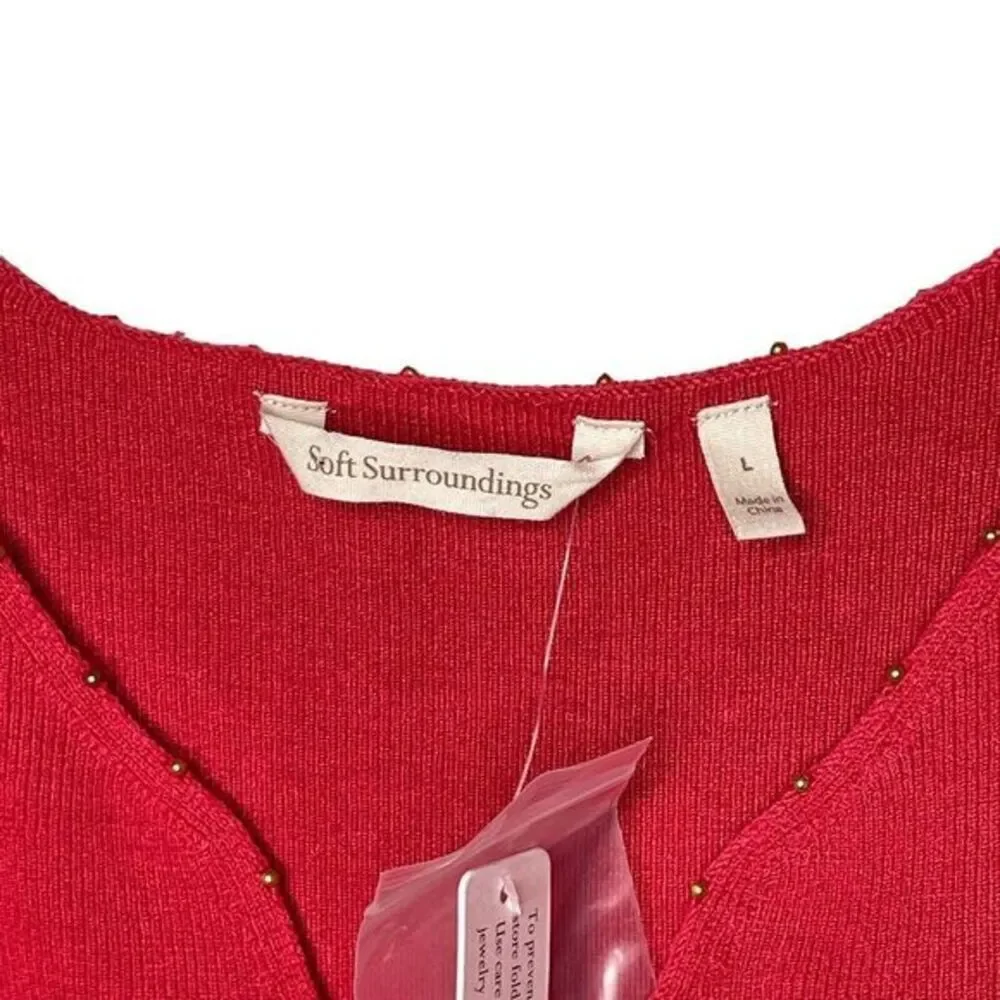 Soft Surroundings Red Knit Sweater Women's Large Embellished V-Neck‎ 3/4 Sleeve
